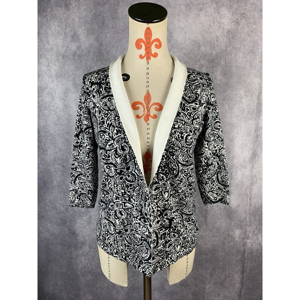 Talbots Cardigan Womens SP Petite Floral Knit Open Front White Black 3/4 Sleeve